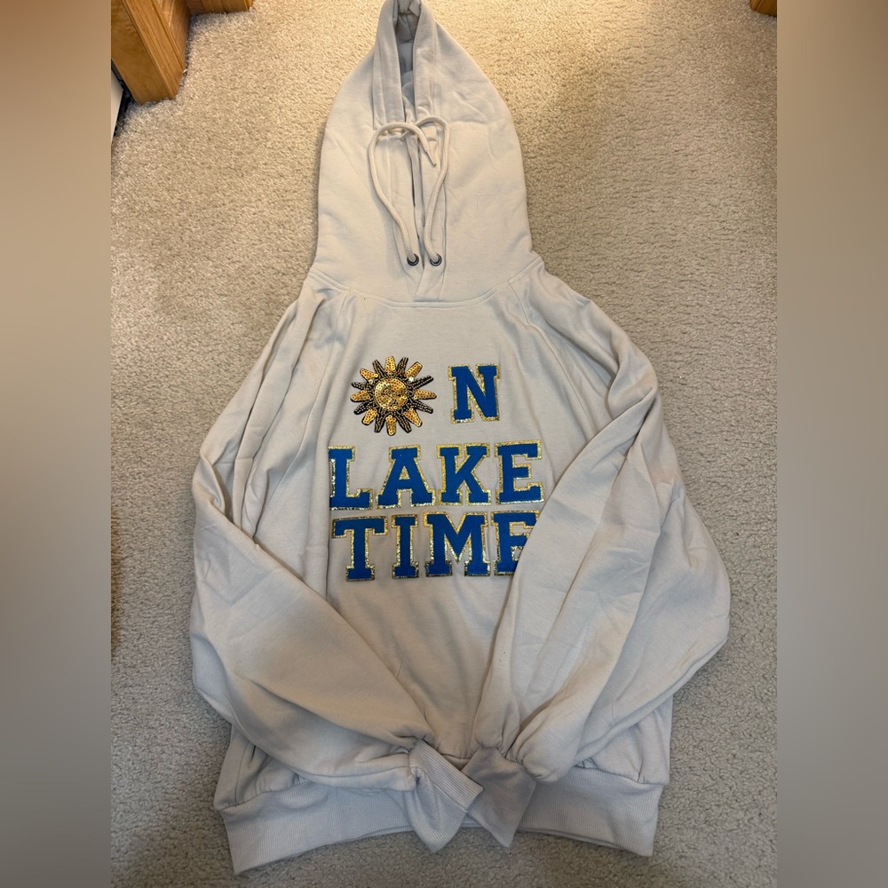 White Hoodie with Blue and Yellow 'Lake Time' Design